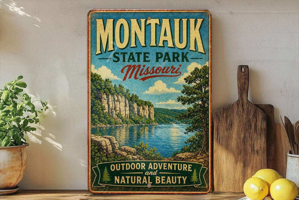 A vintage-style sign for Montauk State Park in Missouri, featuring a scenic landscape with a river and mountains.