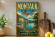 A vintage-style sign for Montauk State Park in Missouri, featuring a scenic landscape with a river and mountains.