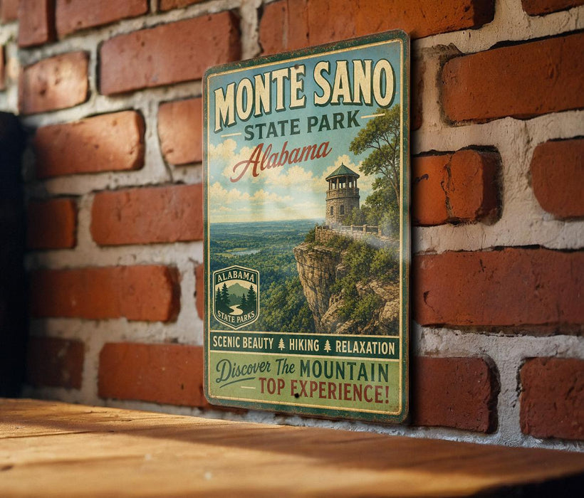 A vintage-style metal sign for Monte Sano State Park in Alabama, featuring a scenic mountain landscape and promoting the park's beauty and hiking opportunities.