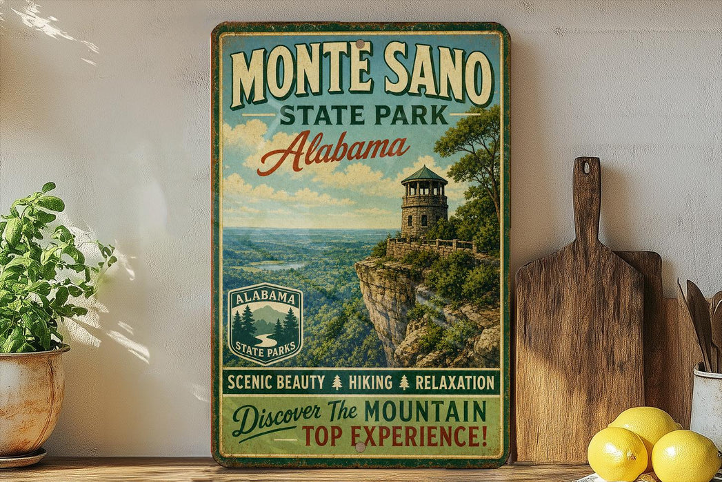 A vintage-style metal sign for Monte Sano State Park in Alabama, featuring a scenic image of a mountain with a lookout tower.
