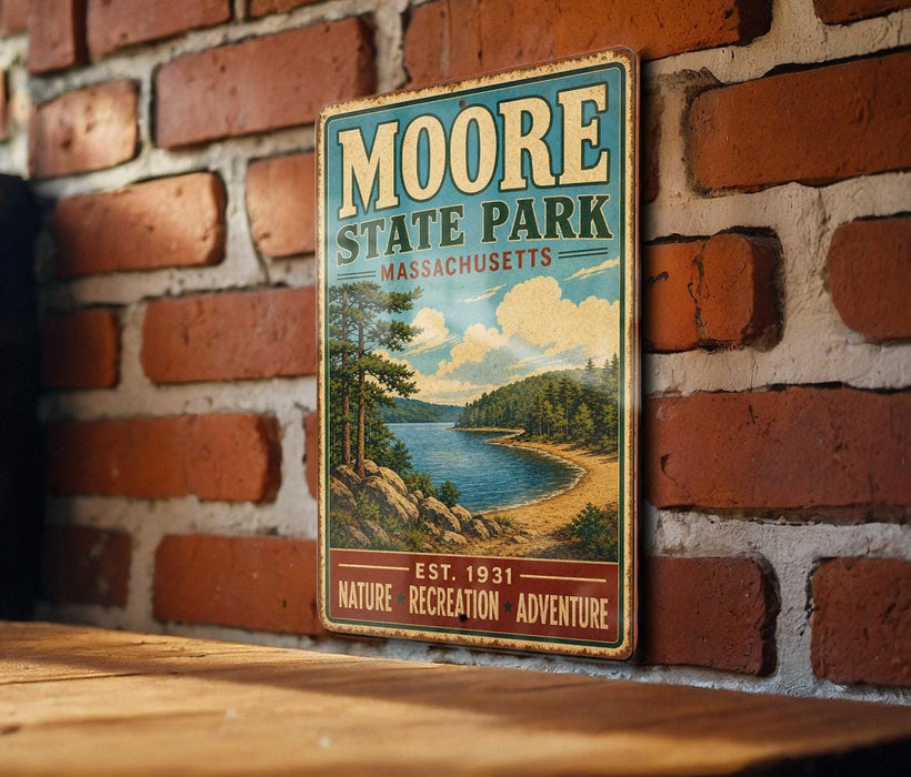 A vintage metal sign for Moore State Park in Massachusetts, featuring a scenic landscape with a lake and mountains.