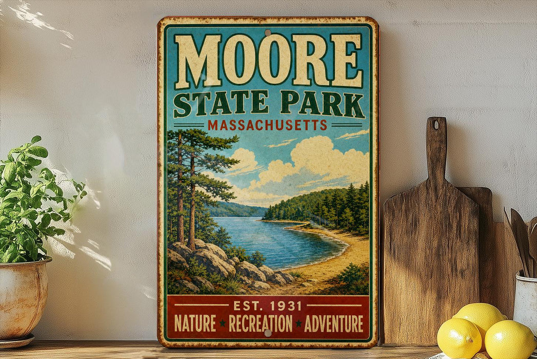 A vintage metal sign for Moore State Park in Massachusetts, featuring a scenic landscape with a lake and mountains.