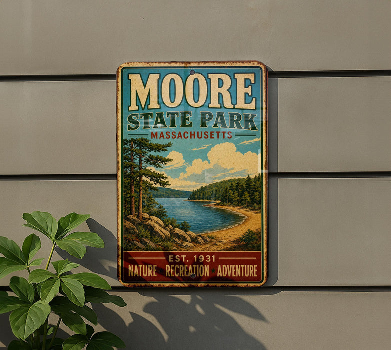 A vintage metal sign for Moore State Park in Massachusetts, featuring a scenic landscape with a lake, mountains, and pine trees.