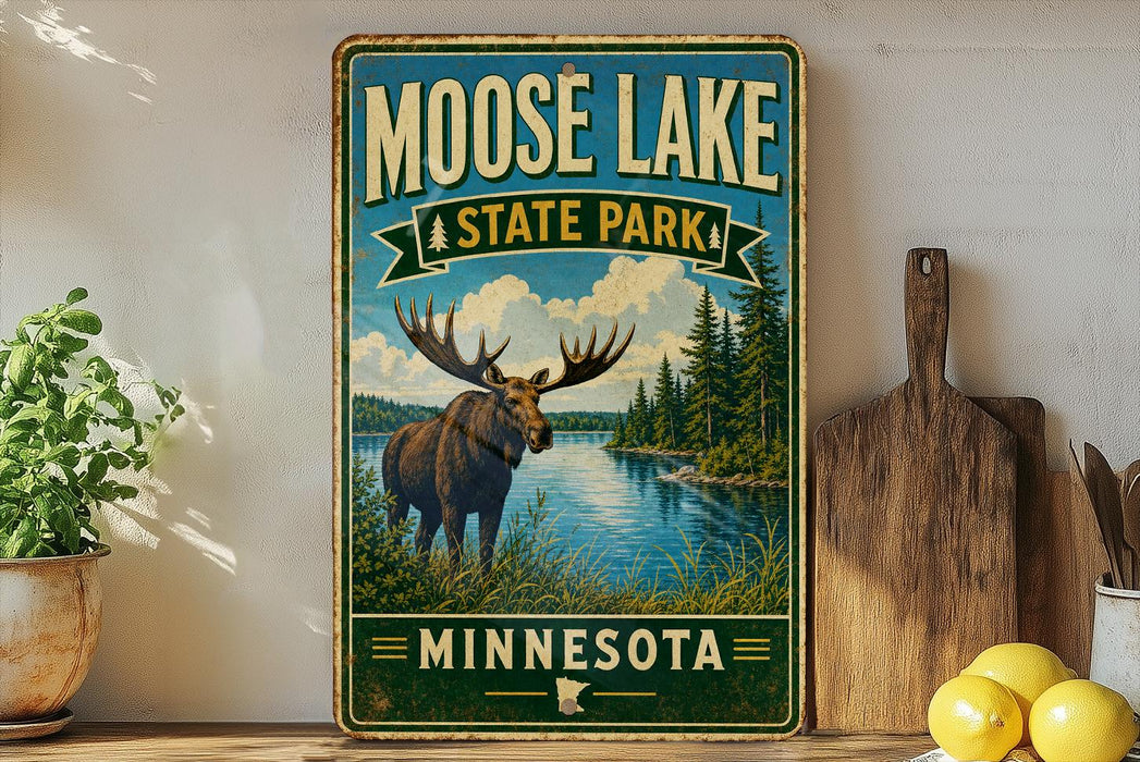 A vintage-style metal sign for Moose Lake State Park in Minnesota, featuring a moose standing in a grassy area with a lake in the background.