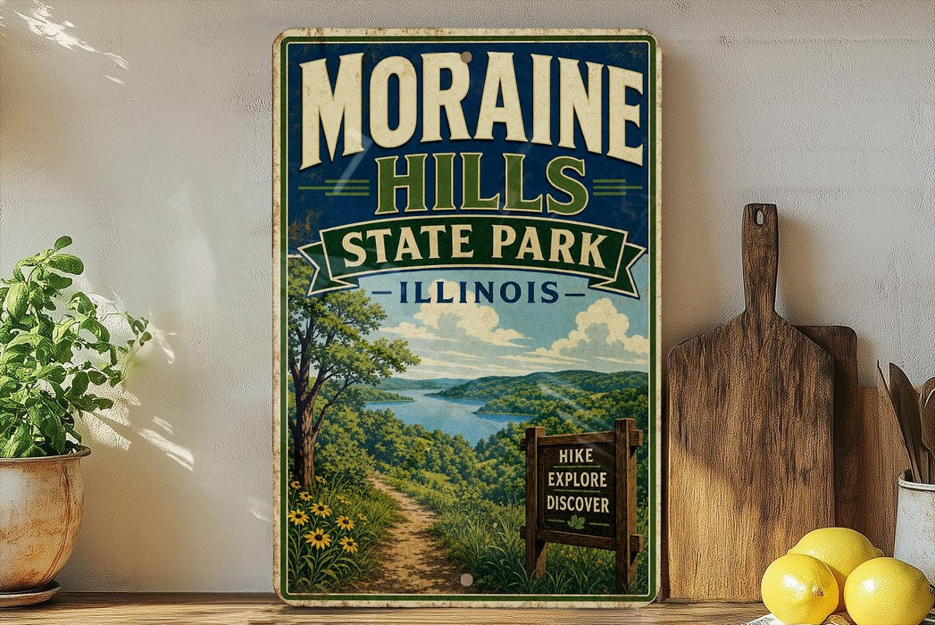 A vintage-style metal sign for Moraine Hills State Park in Illinois, featuring a scenic landscape with a path leading to a lake.
