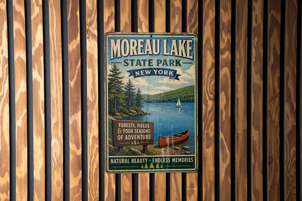 a vintage-style metal sign for Moreau Lake State Park in New York, with a scenic illustration of the lake and surrounding forests.