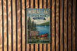 a vintage-style metal sign for Moreau Lake State Park in New York, with a scenic illustration of the lake and surrounding forests.