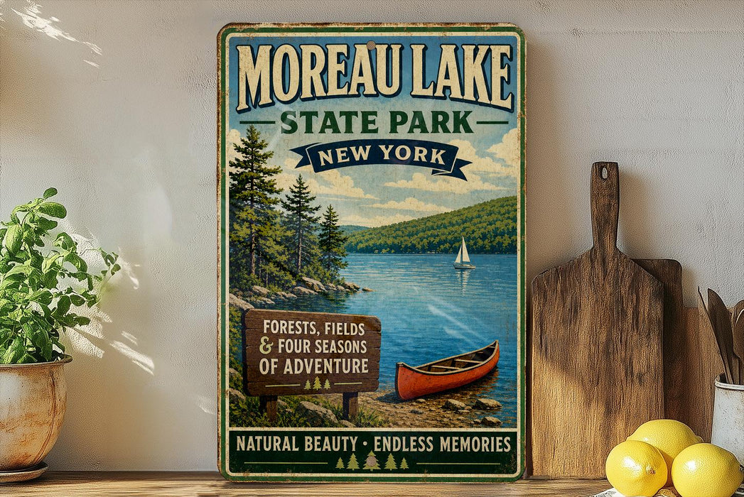 a vintage-style sign for Moreau Lake State Park, New York, with a scenic illustration of the lake, forests, fields, and a sailboat.
