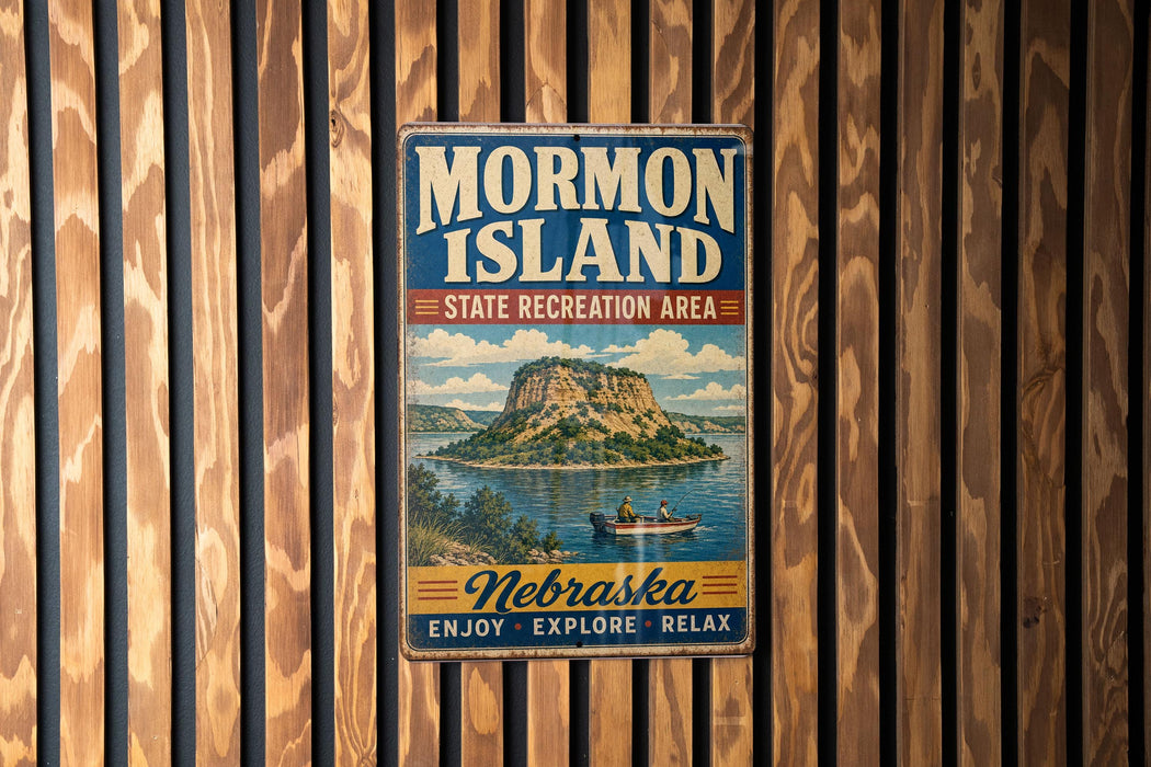 A vintage-style metal sign for Mormon Island, the State Recreation Area in Nebraska, featuring a scenic illustration of a mountain and a lake.