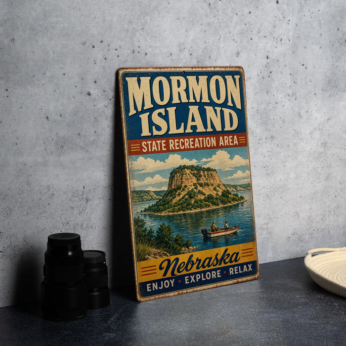 A vintage-style metal sign for the Mormon Island State Recreation Area in Nebraska, featuring a scenic illustration of a lake and mountains.