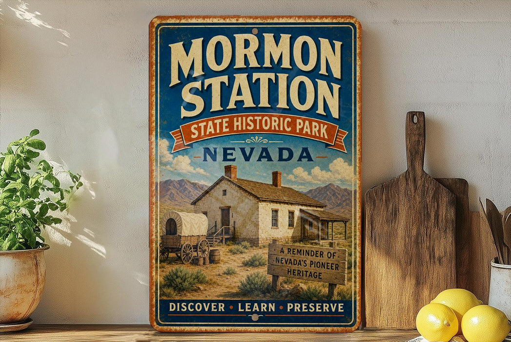 A vintage-style sign for Mormon Station State Historic Park in Nevada, featuring an illustration of a wagon and a sign that reads "A REMINDER OF NEVADA PIONEER HERITAGE".