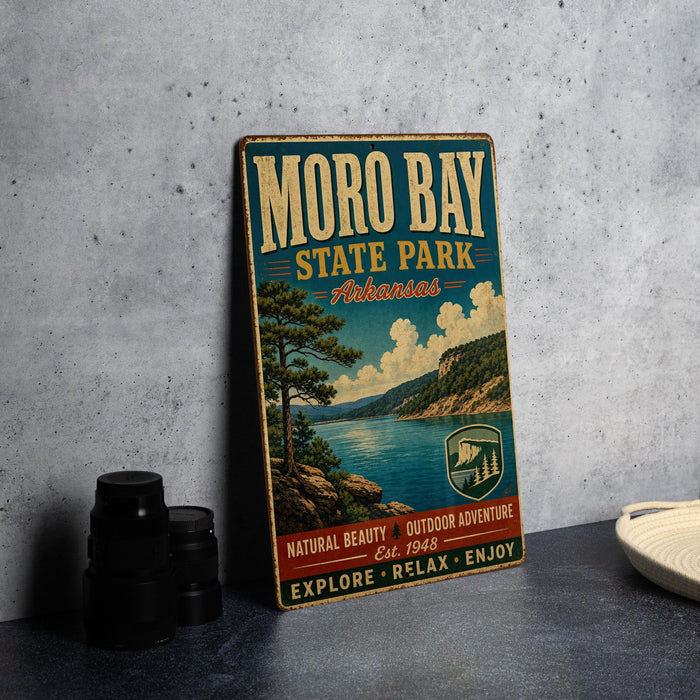 A vintage-style metal sign for Moro Bay State Park in Arkansas, featuring a scenic landscape with a lake and mountains.