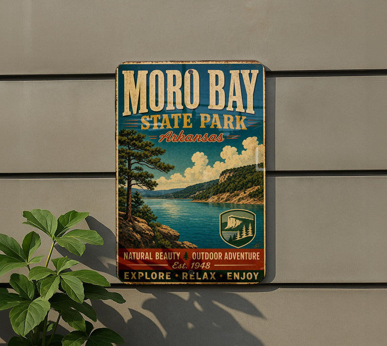 A vintage-style metal sign for Moro Bay State Park in Arkansas, featuring a scenic landscape with a lake, mountains, and pine trees.