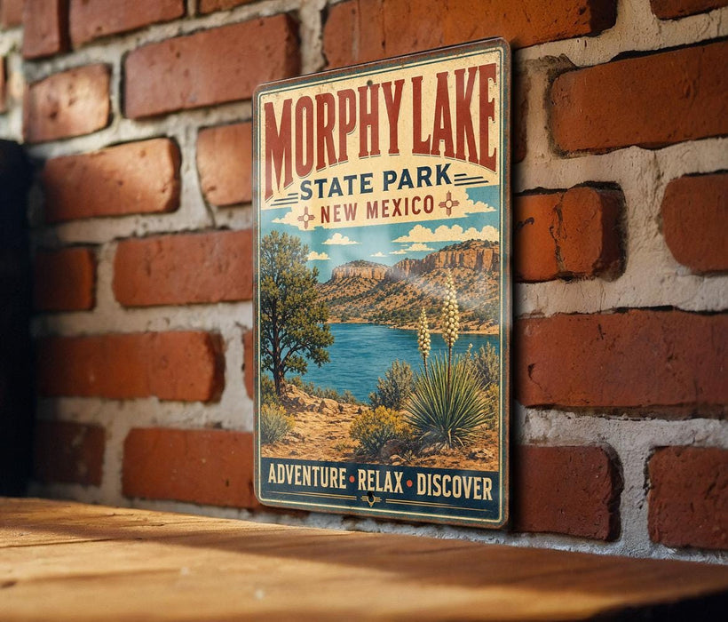 A vintage-style metal sign for Morphy Lake State Park in New Mexico, featuring a scenic landscape with a lake, mountains, and desert vegetation.
