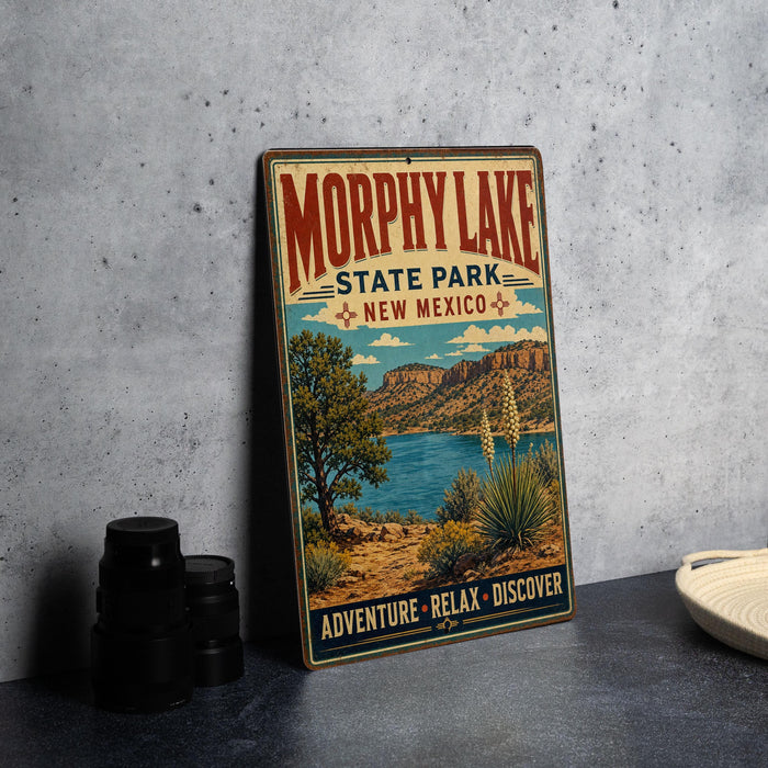 A vintage-style metal sign for Morphy Lake State Park in New Mexico, featuring a scenic landscape with a lake, mountains, and desert vegetation.