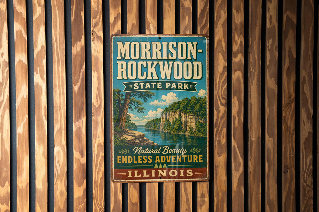 A vintage metal sign for Morrison-Rockwood State Park in Illinois, featuring a scenic landscape with a river and cliffs.
