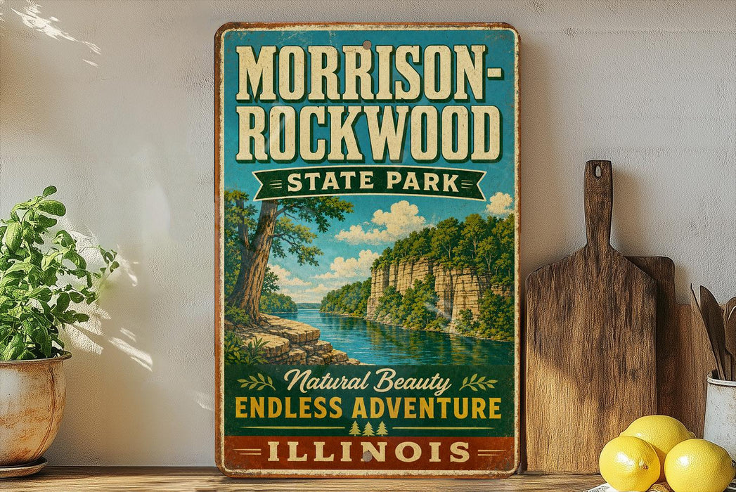 A vintage-style sign for Morrison-Rockwood State Park in Illinois, featuring a scenic illustration of a river and lush greenery.