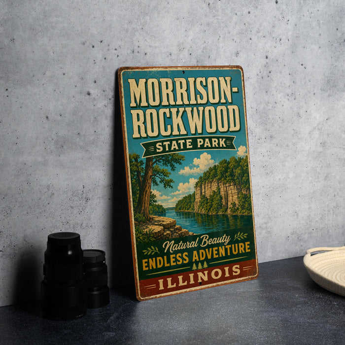 A vintage metal sign for Morrison-Rockwood State Park in Illinois, featuring a scenic illustration of the park's natural beauty and adventure opportunities.