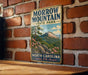 A vintage metal sign for Marrow Mountain State Park, featuring a scenic mountain landscape with pine trees and flowers, mounted on a brick wall.