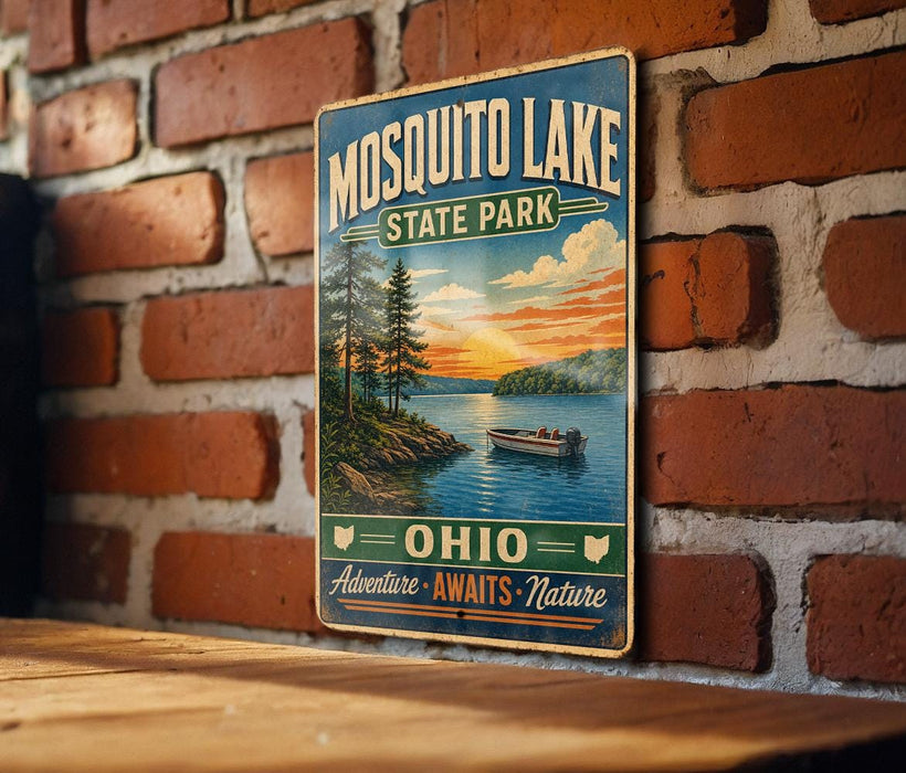 A vintage metal sign for Mosquito Lake State Park in Ohio, featuring a scenic landscape with a lake, trees, and a boat on the water.