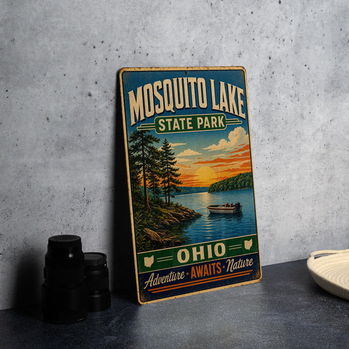A vintage-style metal sign for Mosquito Lake State Park in Ohio, featuring a scenic landscape with a lake, trees, and a boat.