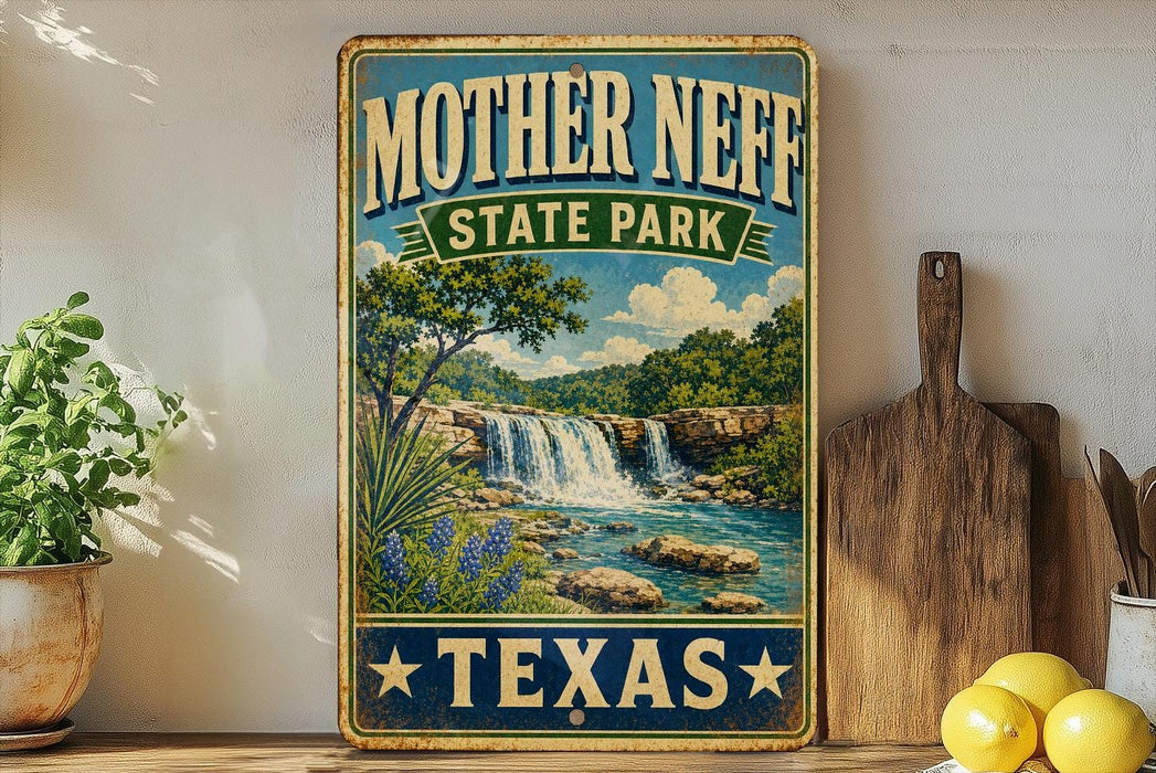 A vintage-style sign for Mother Neff State Park in Texas, featuring a scenic landscape with a waterfall and lush greenery.