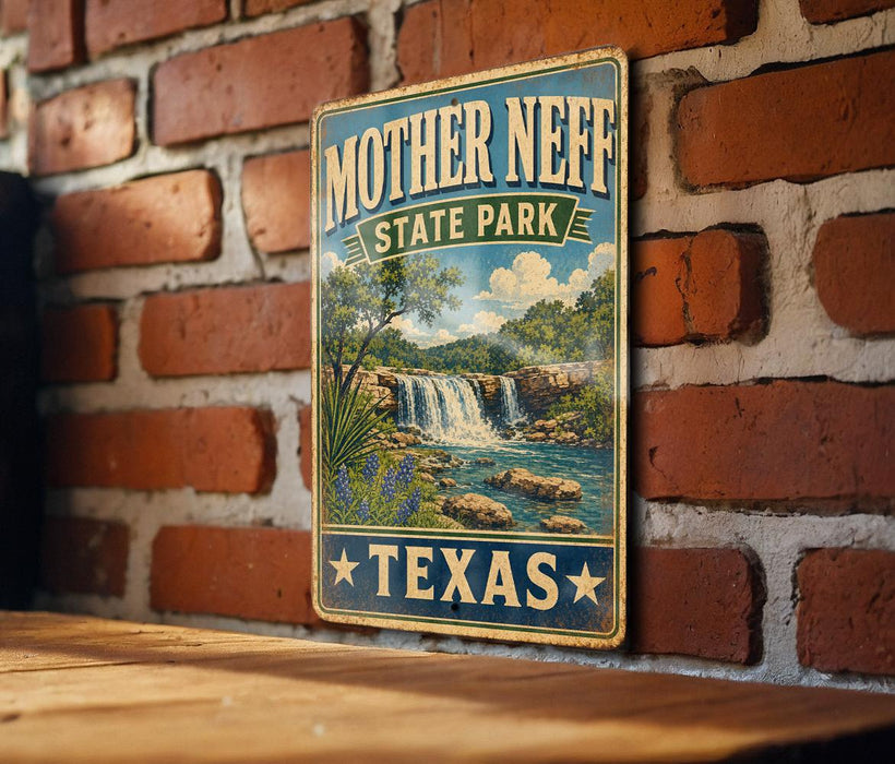 A vintage-style metal sign for Mother Neff State Park in Texas, featuring a scenic landscape with a waterfall and greenery.