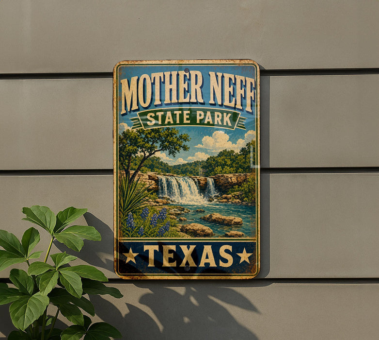 A vintage-style metal sign for Mother Neff State Park in Texas, featuring a scenic landscape with a waterfall and lush vegetation.