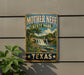 A vintage-style metal sign for Mother Neff State Park in Texas, featuring a scenic landscape with a waterfall and lush vegetation.