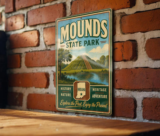 A vintage-style sign for Mounds State Park, featuring a scenic landscape with a hill, trees, and a river.
