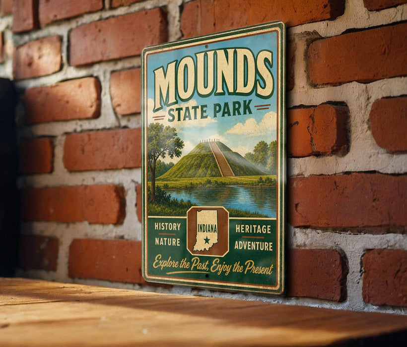 A vintage-style sign for Mounds State Park, featuring a scenic landscape with a hill, trees, and a river.