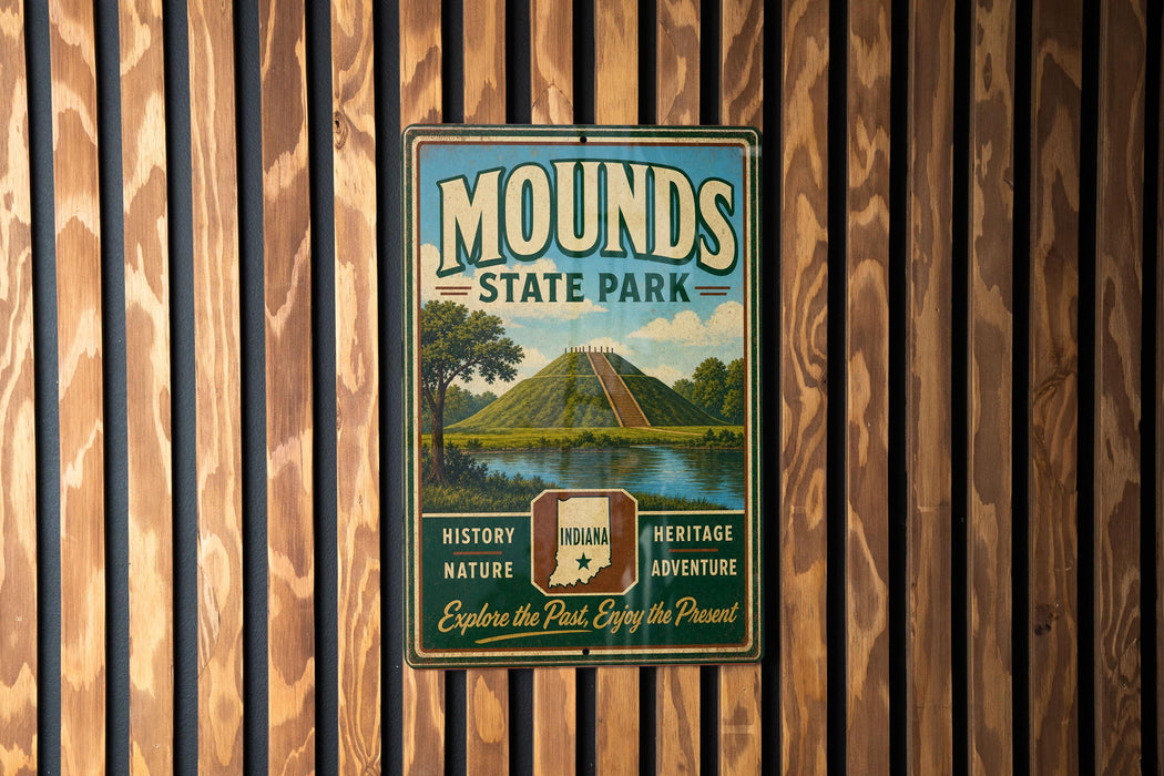A vintage metal sign for Mounds State Park, featuring a scenic landscape with a mountain and a river, hangs on a wooden wall.