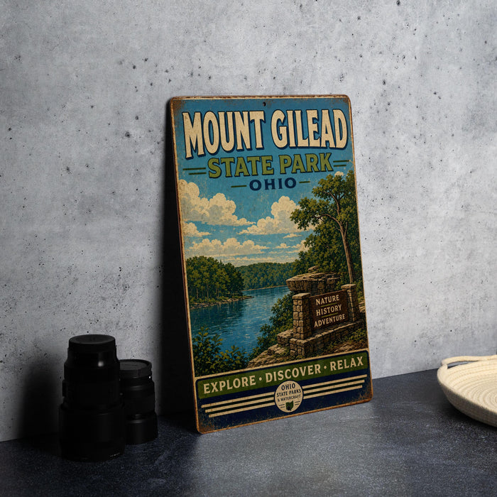 A vintage-style sign for Mount Gilead State Park in Ohio, featuring a scenic landscape with a lake and trees.