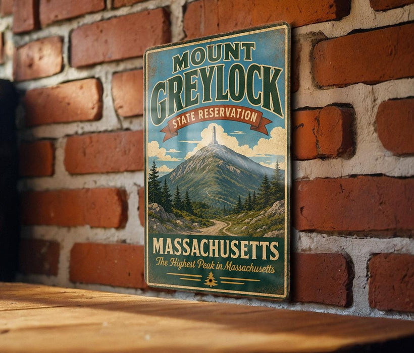 A vintage metal sign for Mount Greylock State Reserve in Massachusetts, featuring a mountain landscape and the text "The Highest Peak in Massachusetts".
