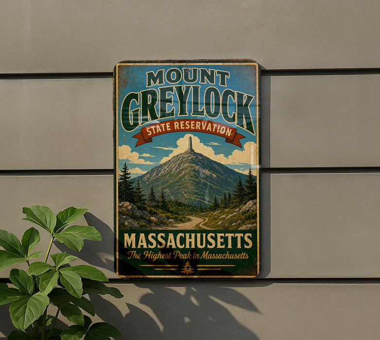 A vintage metal sign for Mount Greylock State Reserve in Massachusetts, featuring a mountain landscape and the text "The Highest Peak in Massachusetts".