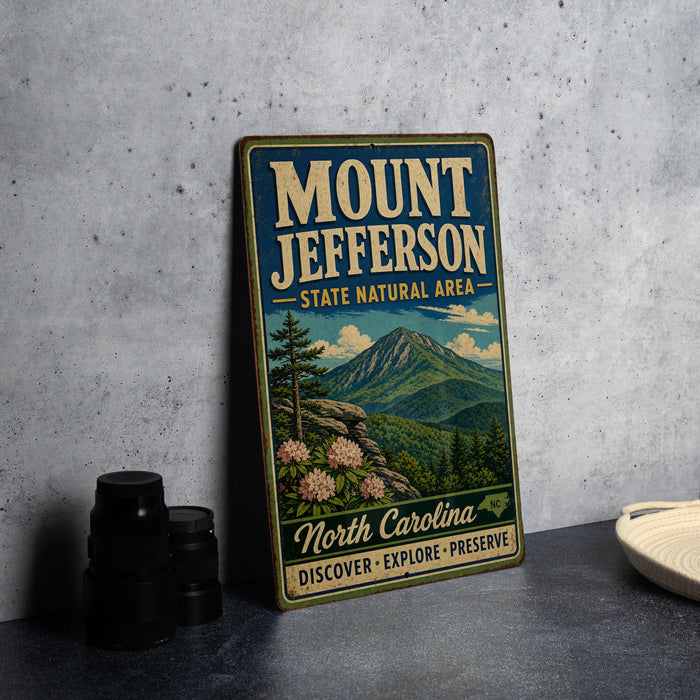 A vintage metal sign for Mount Jefferson State Natural Area in North Carolina, featuring a mountain landscape with pine trees and flowers.