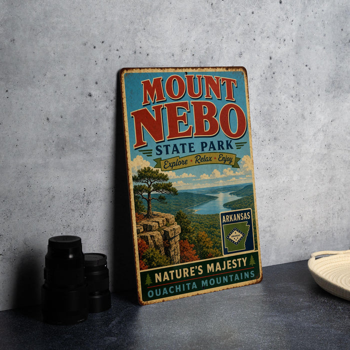 A vintage-style metal sign for Mount Nebo State Park in Arkansas, featuring a scenic landscape with a river and mountains.
