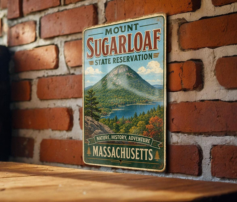 A vintage metal sign for Mount Sugarloaf State Reserve in Massachusetts, featuring a scenic mountain landscape with a lake and pine trees.