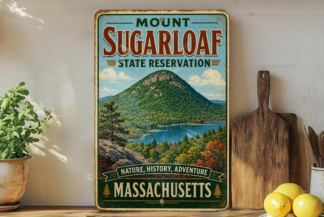 A vintage-style metal sign for Mount Sugarloaf State Reserve in Massachusetts, featuring a scenic mountain landscape with a lake and pine trees.