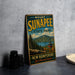 A vintage metal sign for Mount Sunapee State Park in New Hampshire, featuring a scenic mountain landscape with a cable car and the text "New Hampshire Live Free and Explore".