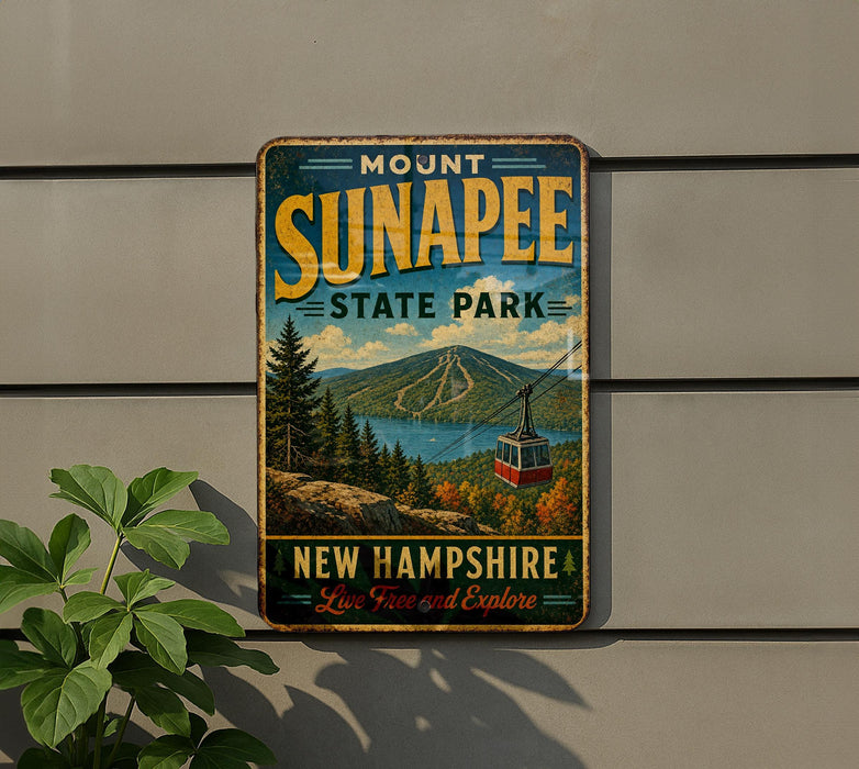A vintage metal sign for Mount Sunapee State Park in New Hampshire, featuring a scenic mountain landscape with a cable car and the text "New Hampshire Live Free and Explore".