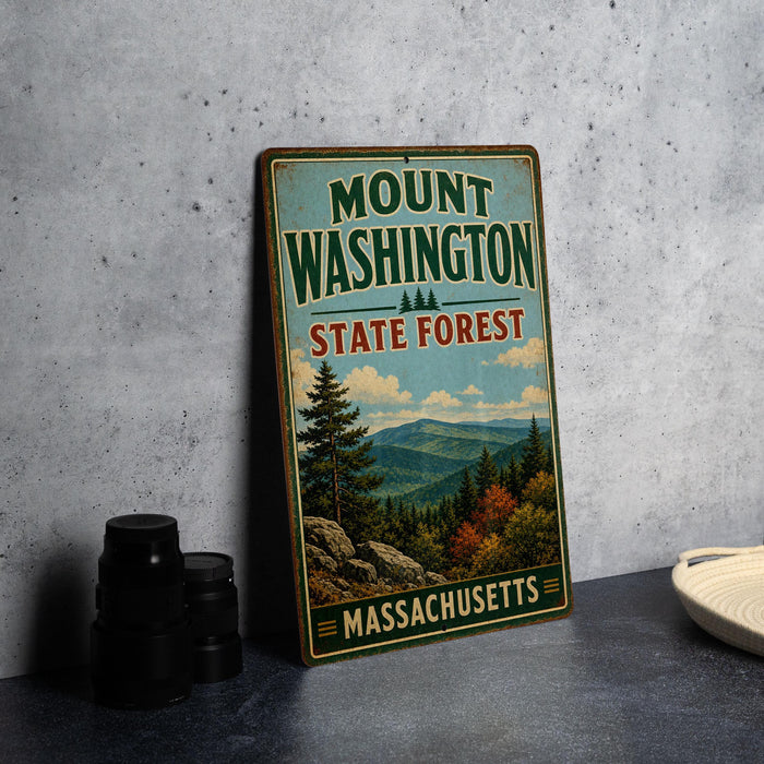 A vintage metal sign for Mount Washington State Forest in Massachusetts, featuring a scenic mountain landscape.
