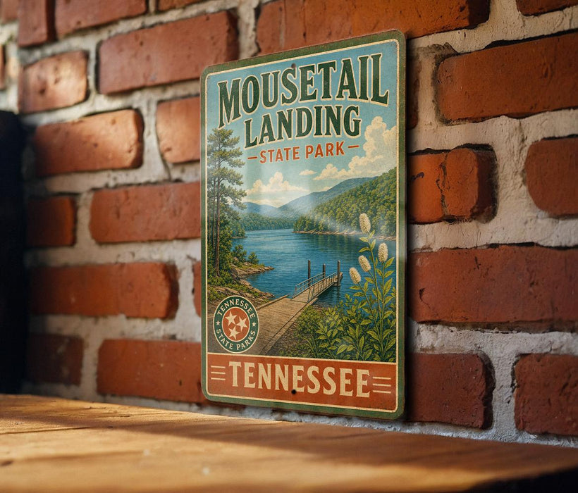 A vintage-style sign for Mouselail Landing State Park in Tennessee, featuring a scenic landscape with a lake, mountains, and a bridge.