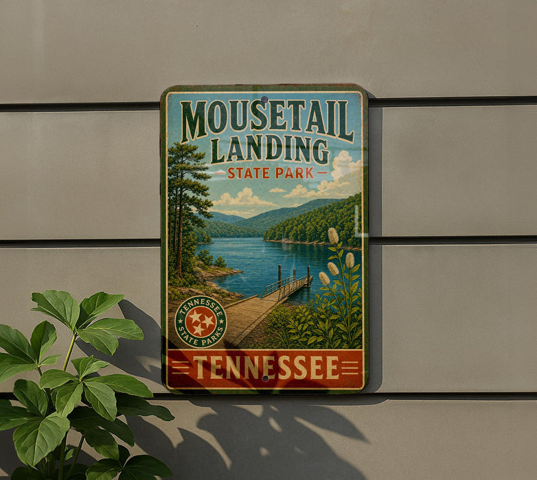 A vintage-style metal sign for Mouselail Landing State Park in Tennessee, featuring a scenic landscape with a lake, mountains, and a wooden dock.