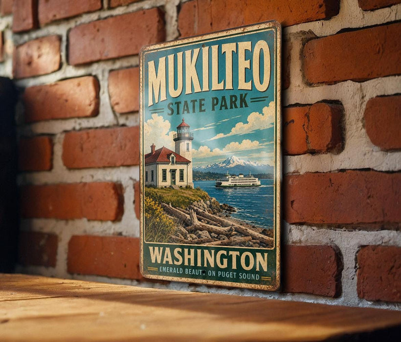 A vintage metal sign for Mukilteo State Park in Washington, featuring a lighthouse and a boat on the water.