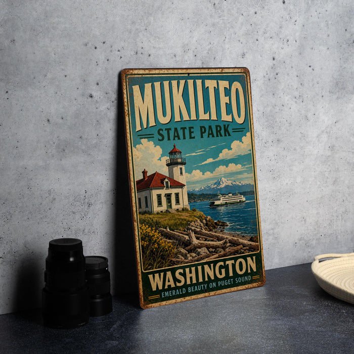 A vintage-style metal sign for Mukilteo State Park in Washington, featuring a lighthouse and a boat on the water.