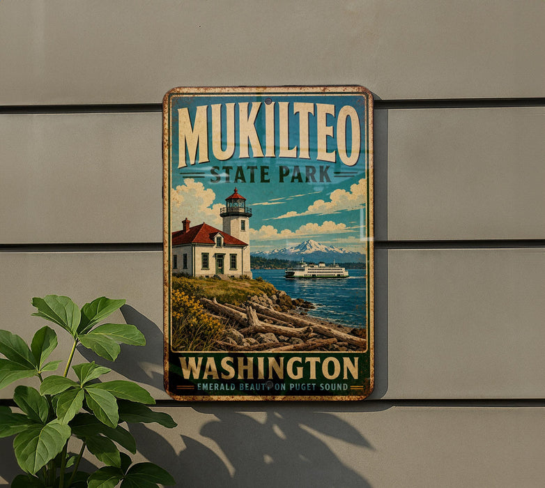 A vintage-style metal sign for Mukilteo State Park in Washington, featuring a lighthouse and a boat on the water.