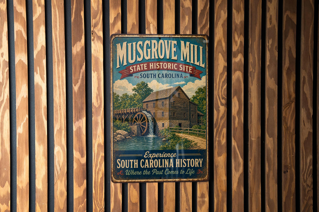 A vintage metal sign for Musgrove Mill, a historic site in South Carolina, featuring an illustration of a wooden mill with a water wheel.