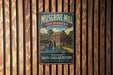 A vintage metal sign for Musgrove Mill, a historic site in South Carolina, featuring an illustration of a wooden mill with a water wheel.