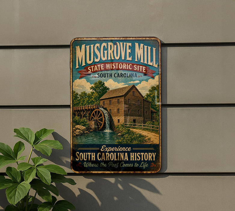 A vintage-style metal sign for Musgrove Mill, a historic site in South Carolina, featuring a wooden mill building and a watermill.